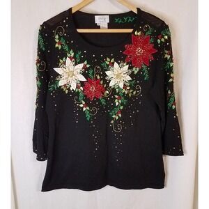 Vintage Just‎ B Christmas Poinsette Sequins Beads Embroidery sweater size medium